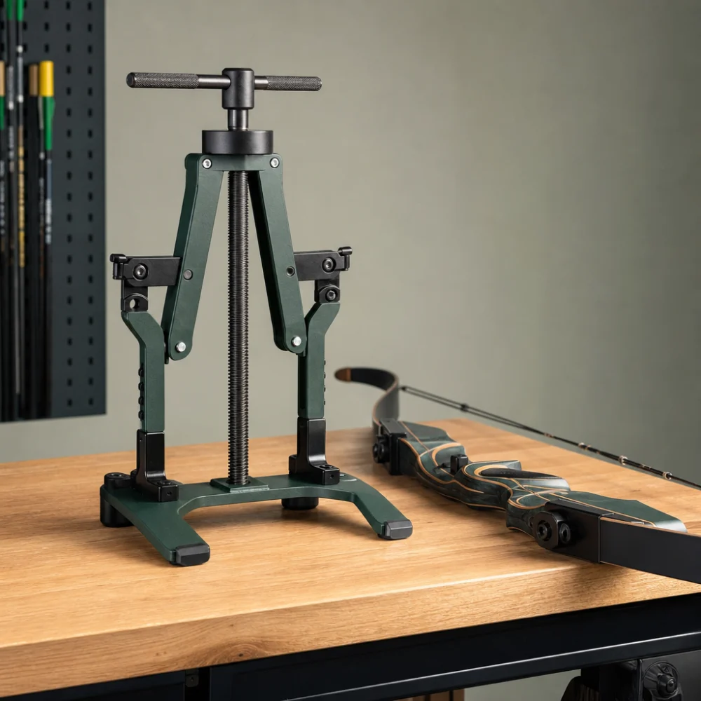 An unbranded bow press on a workbench beside an archery bow.