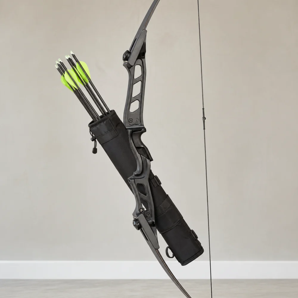 A bow with a quiver attached on a neutral background