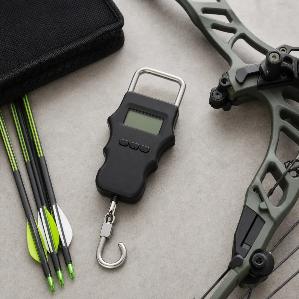 A generic bow scale laid out with simple archery gear on a neutral background.