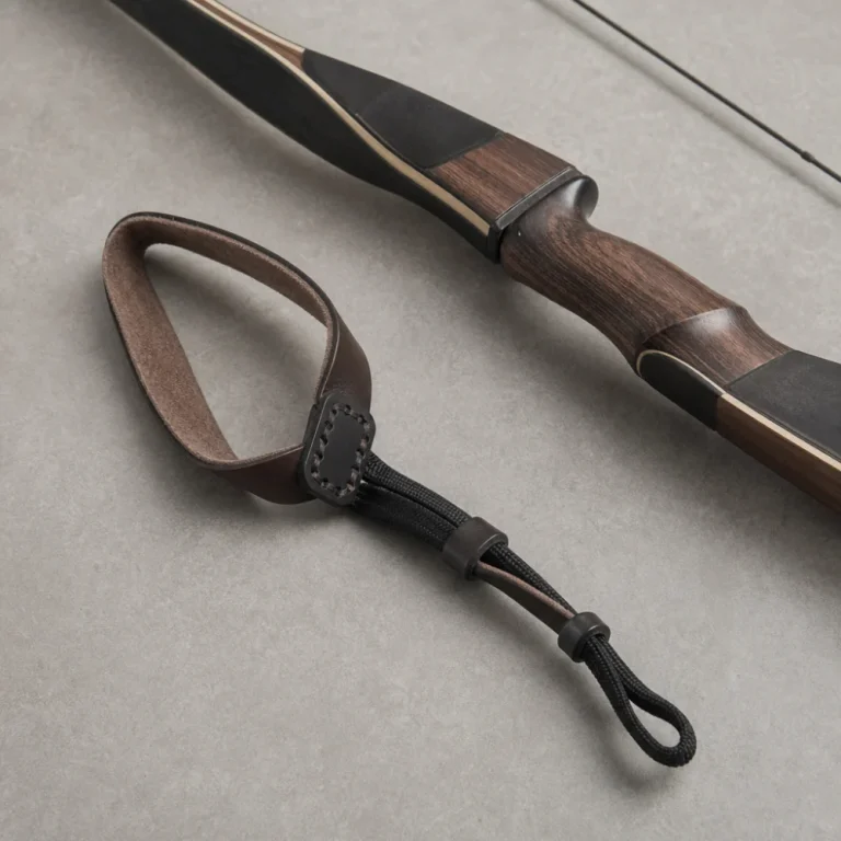A generic bow sling displayed near an archery bow grip on a neutral background.