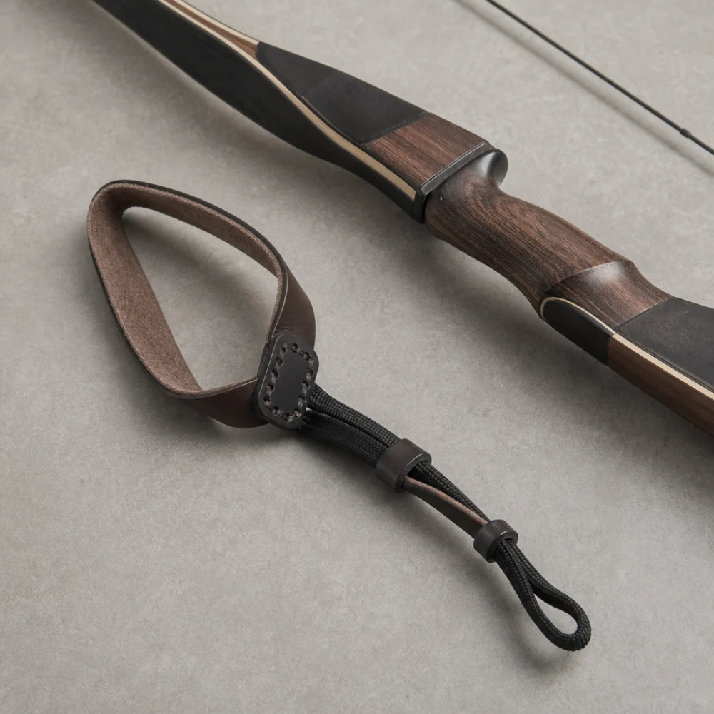 A generic bow sling displayed near an archery bow grip on a neutral background.
