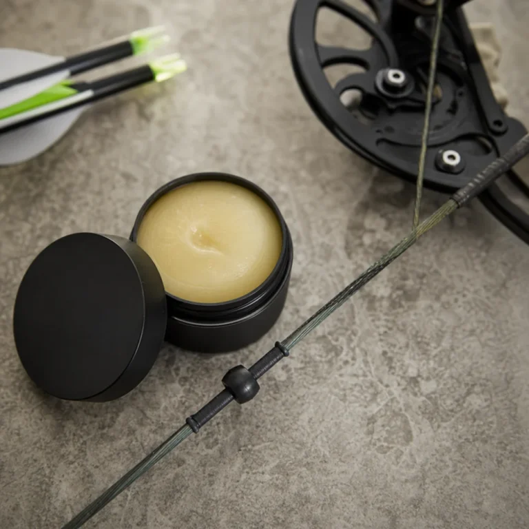 Bow string wax beside a bow string and archery gear on a neutral background.