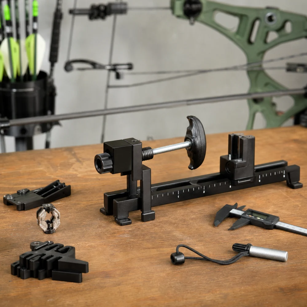 Generic bow tuning tools arranged on a clean work surface