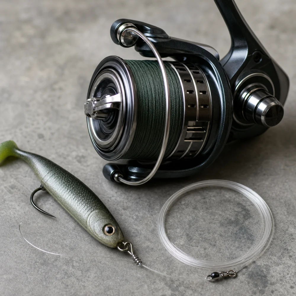 Fishing reel spooled with braided line next to a lure and leader material