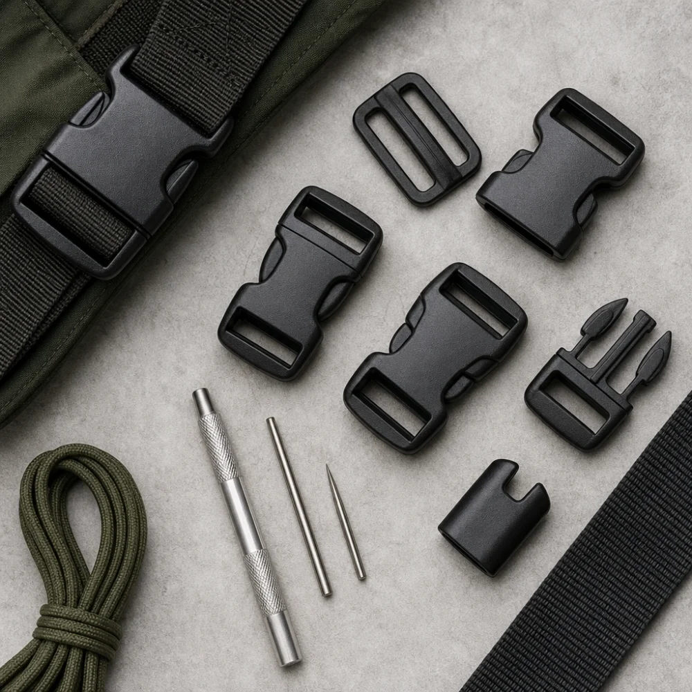 A generic buckle repair kit laid out with replacement buckles and strap material on a neutral background.