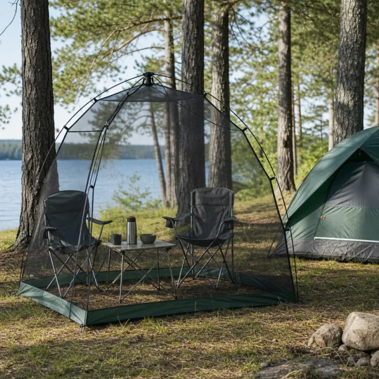 A mesh bug shelter set up at a campsite beside chairs and a table.