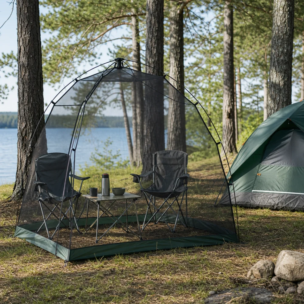 A mesh bug shelter set up at a campsite beside chairs and a table.
