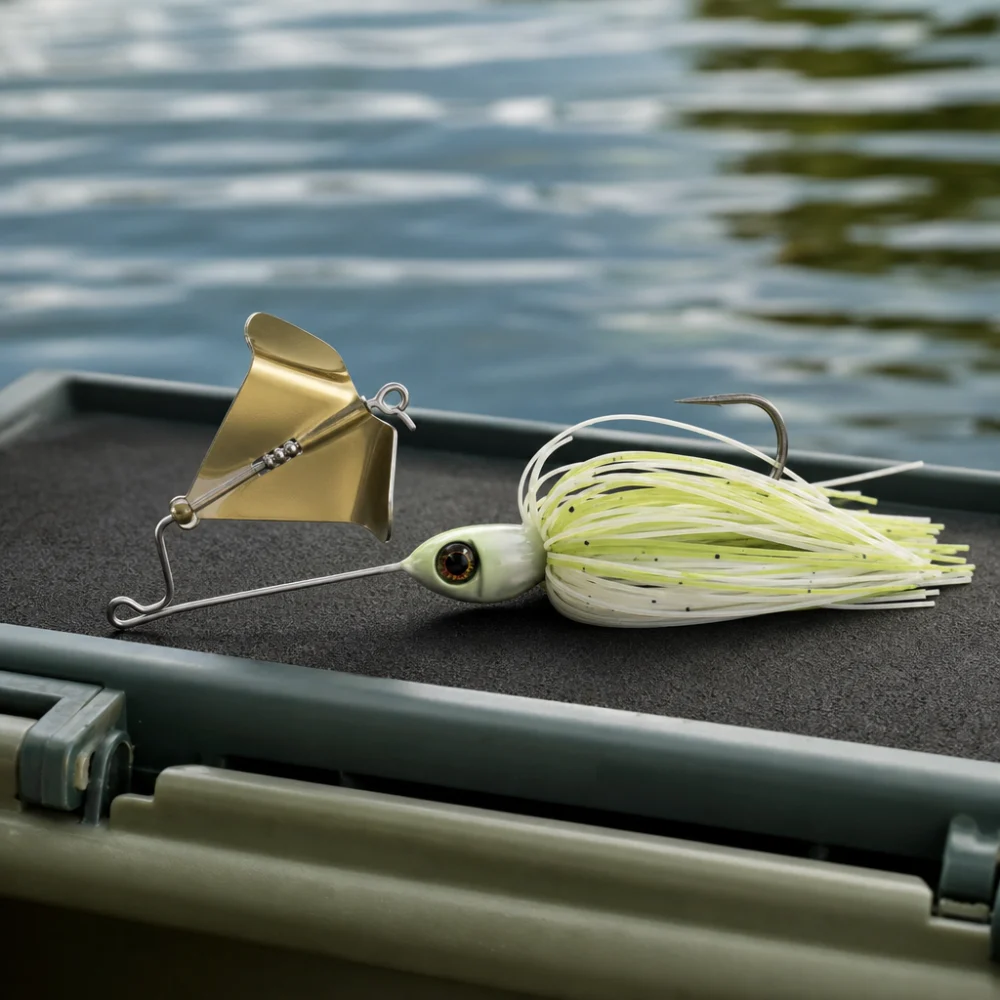 A fishing buzzbait lure displayed on a neutral outdoor surface.