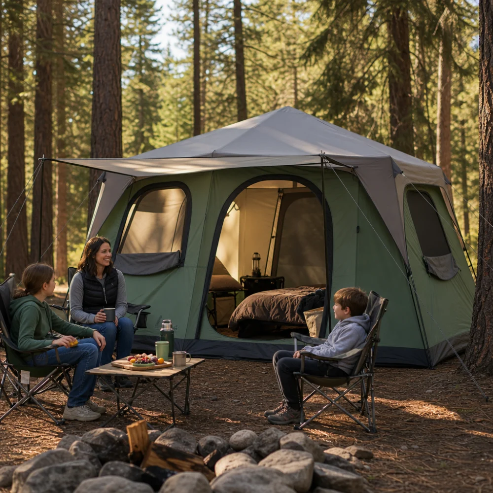 A spacious cabin-style camping tent set up at a campsite