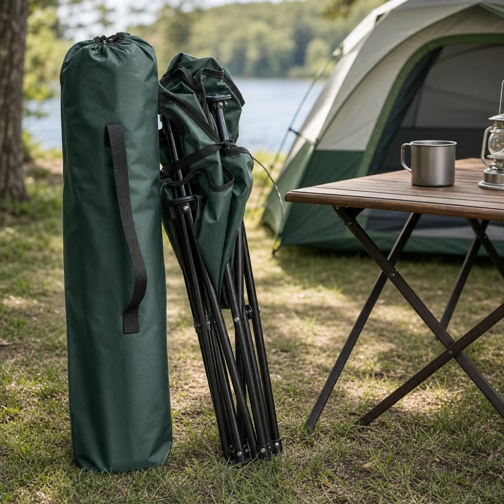 A folding camp chair tucked into a simple carry bag outdoors.