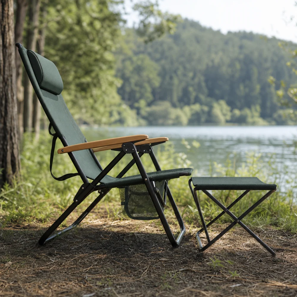 A side view of a camp chair paired with a footrest to show how the setup works
