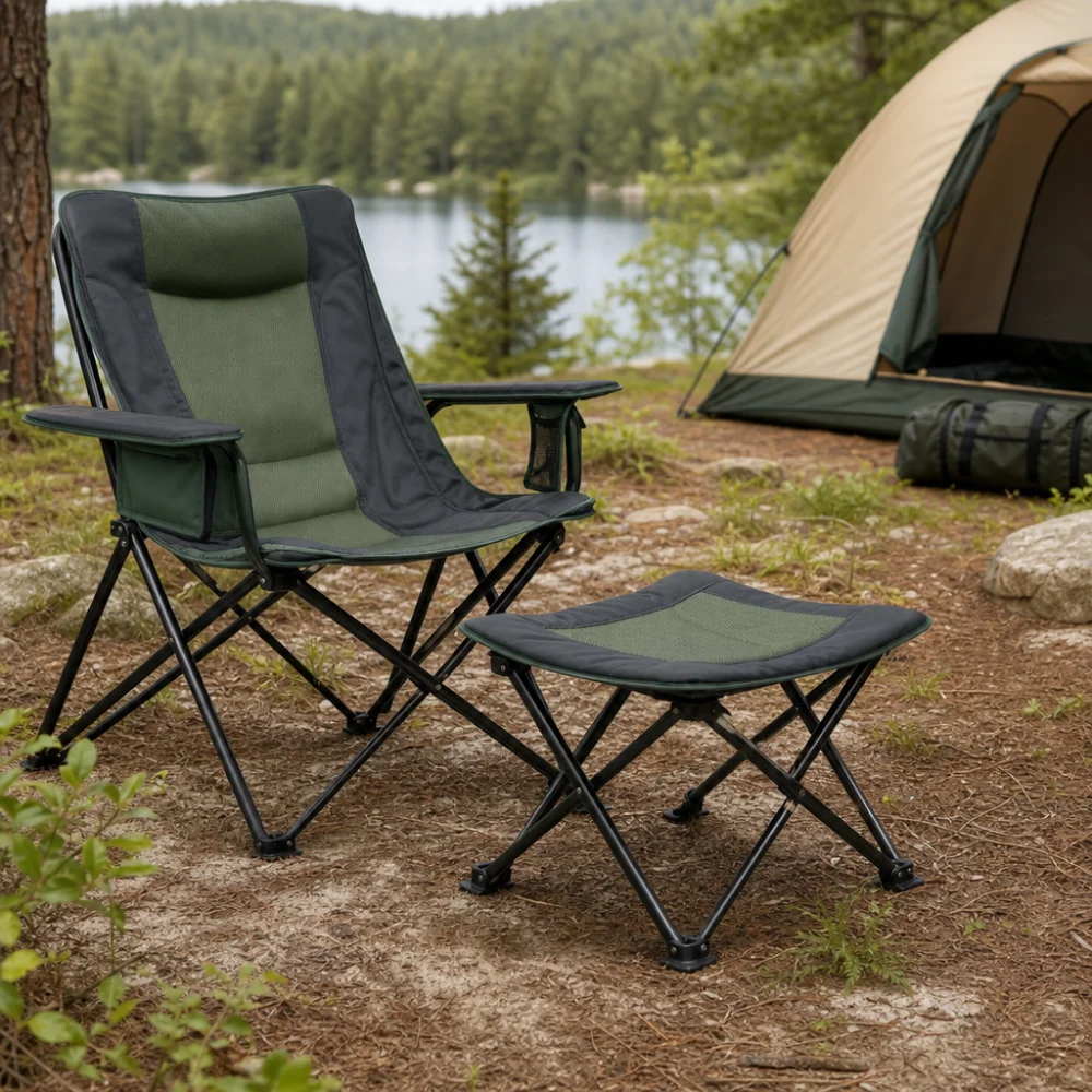 A camp chair with a separate footrest accessory in an outdoor camping setting