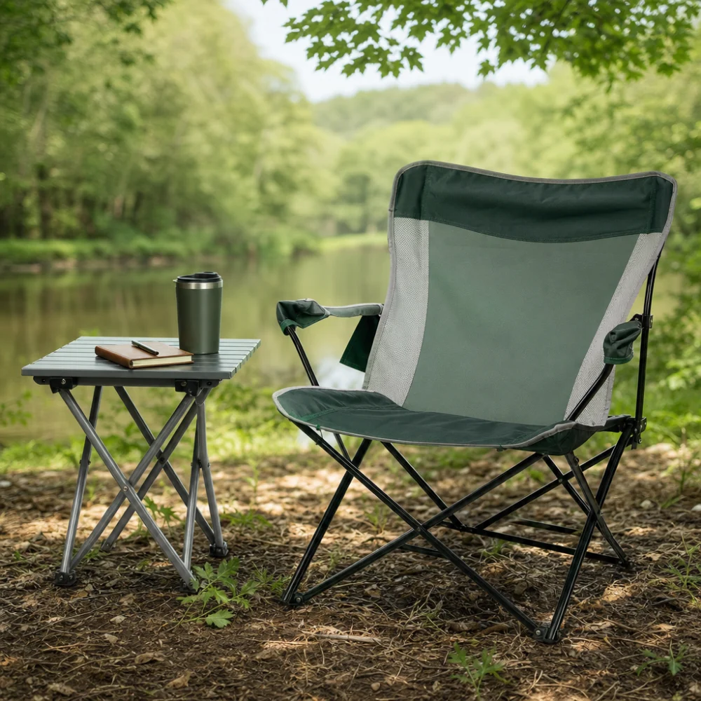 A camp chair with a side table holding a drink and small outdoor items.