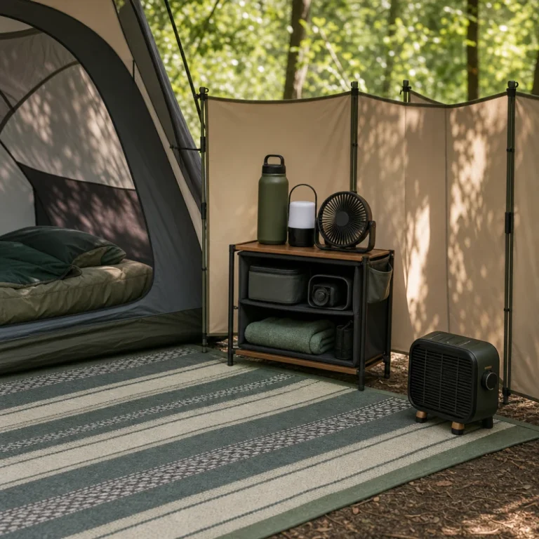A campsite setup with a tent mat, storage shelf, privacy screen, and comfort accessory