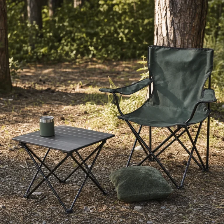 Folding camp chair and small camp table at a campsite