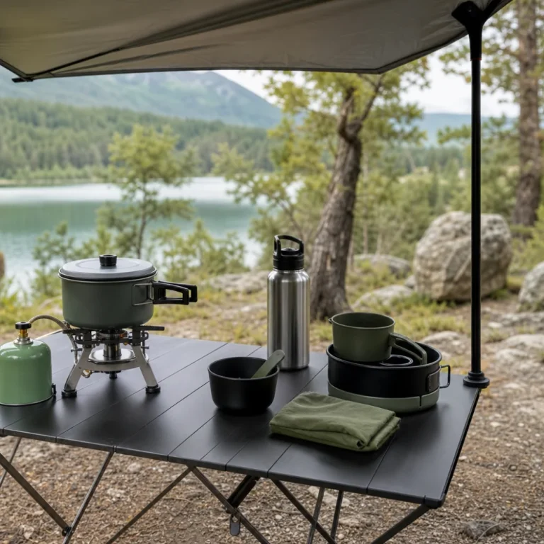 A camp kitchen shelter set up over a simple campsite cooking area