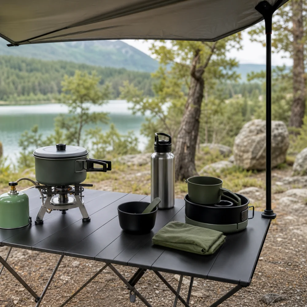 A camp kitchen shelter set up over a simple campsite cooking area