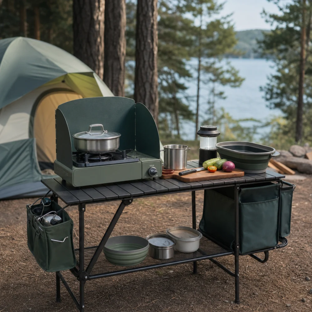 Camp kitchen table set up outdoors with basic cooking gear