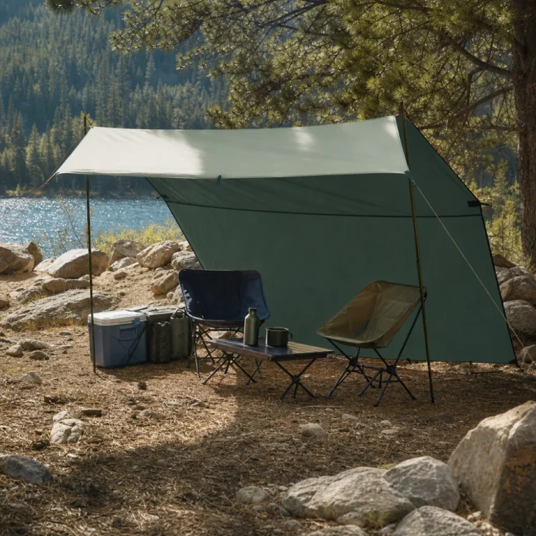 Open-sided camping shelter at a campsite