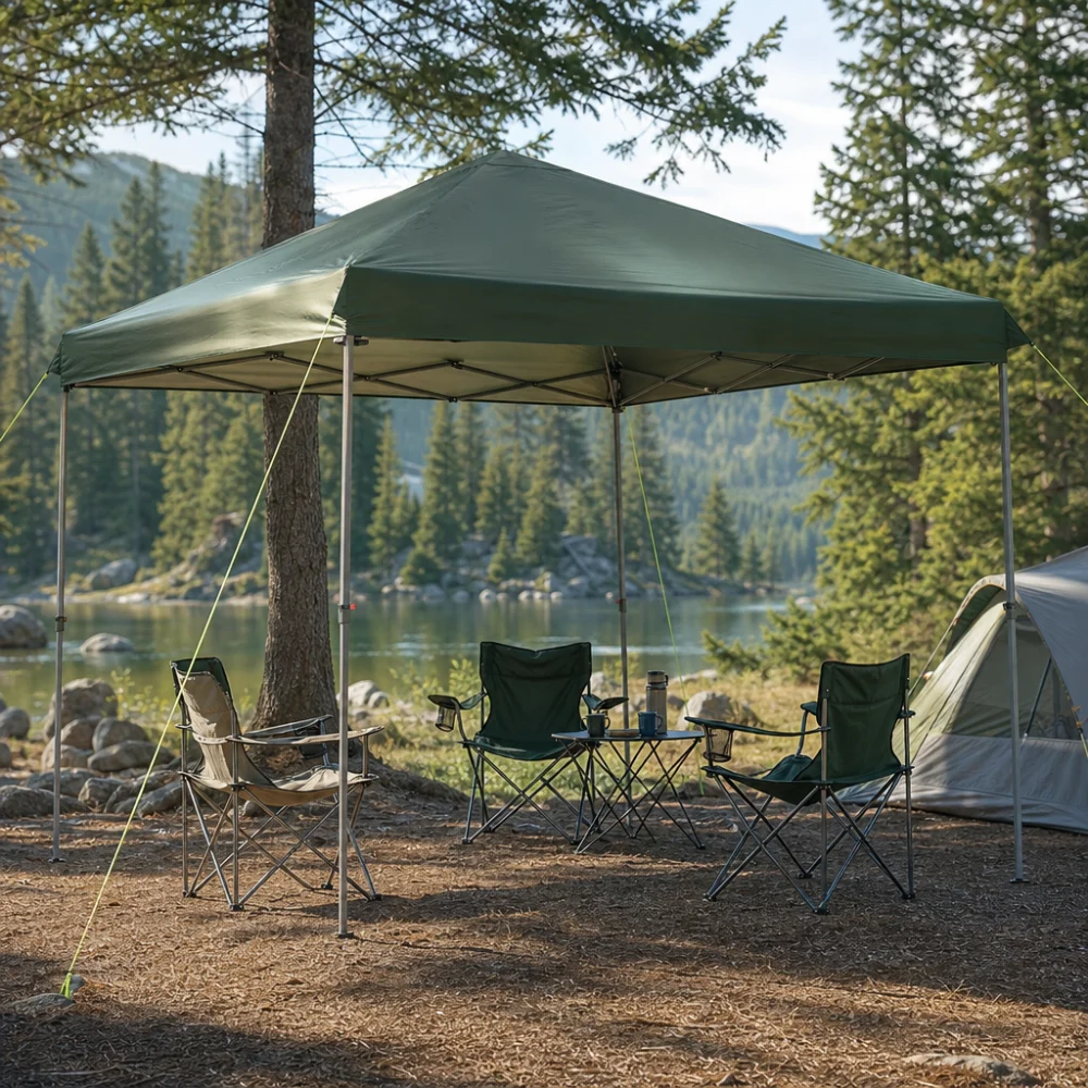 A camping canopy set up at a campsite with shaded seating area underneath