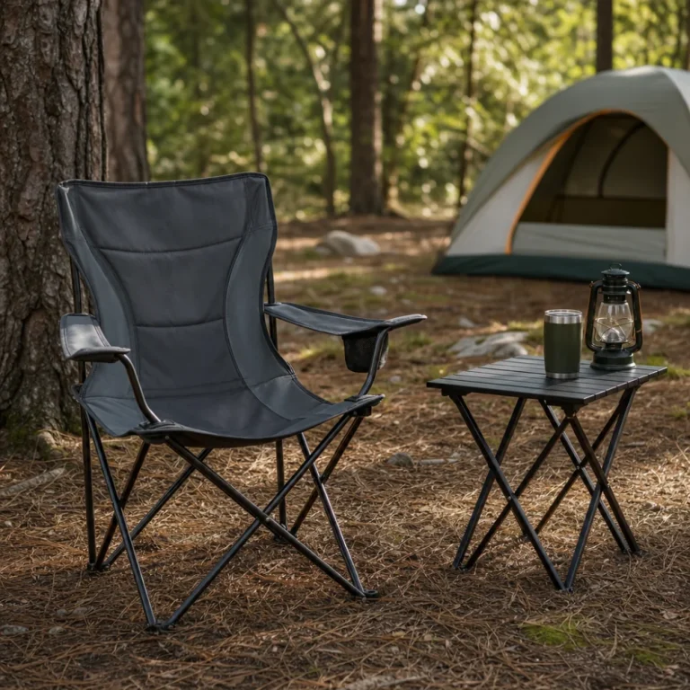 A camping chair on a campsite beside a small table