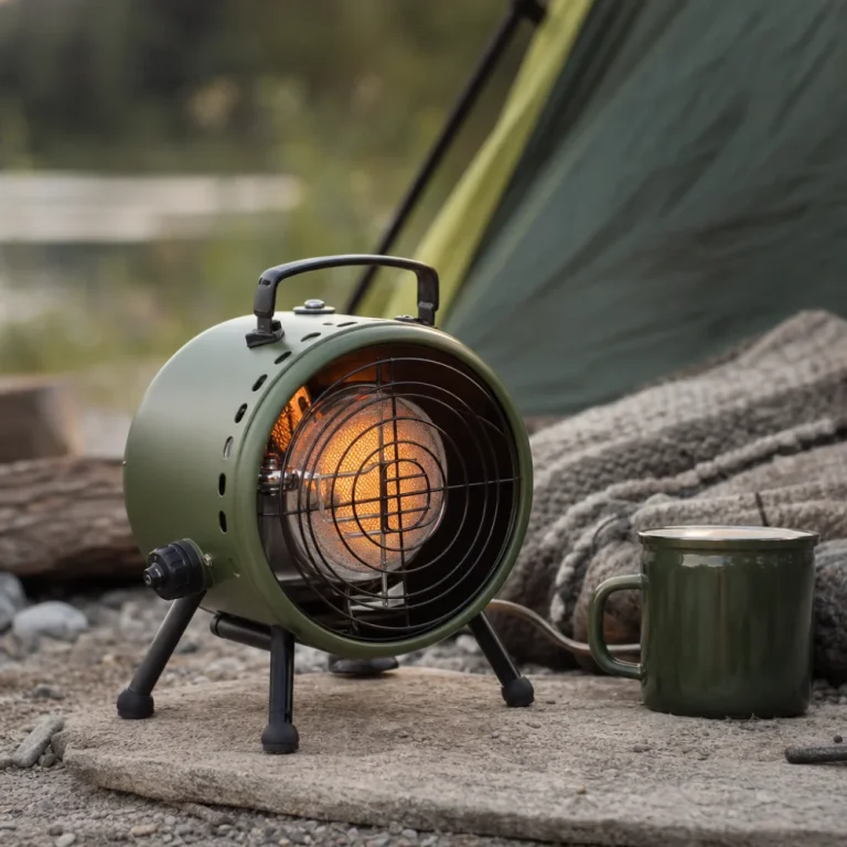 A camping heater displayed with simple outdoor camping gear