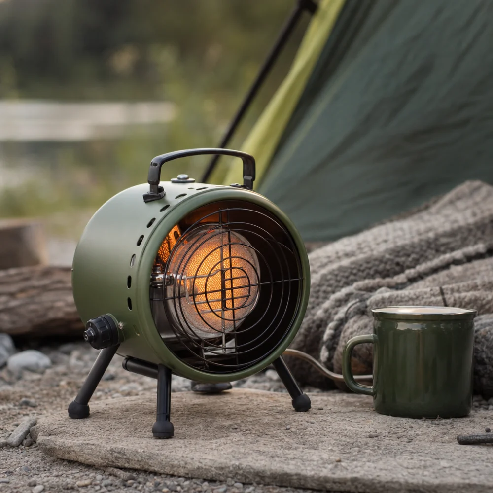 A camping heater displayed with simple outdoor camping gear