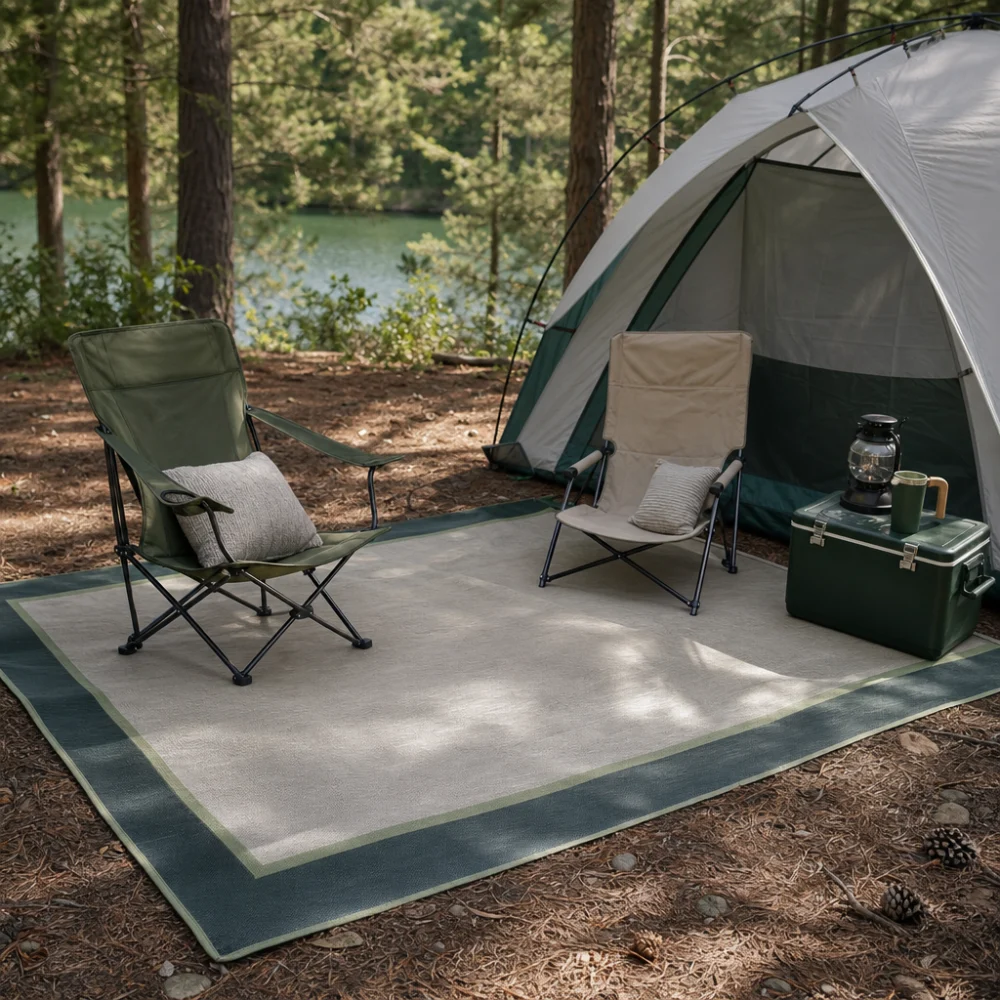 Camping rug laid out at a campsite beside a tent and folding chairs