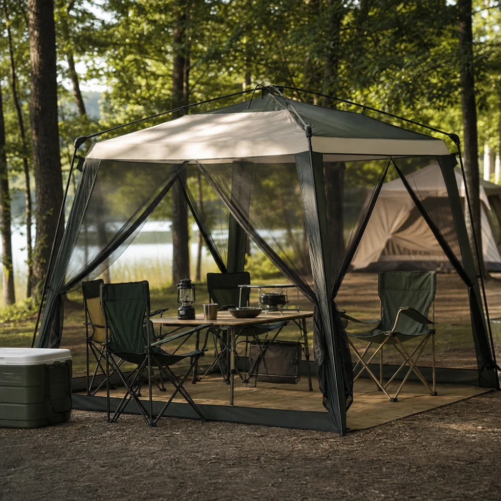 Camping screen house with chairs and a table set up at a campsite