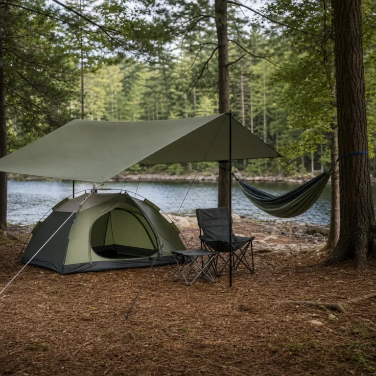 Camping shelter setup with a tent, tarp canopy, and hammock