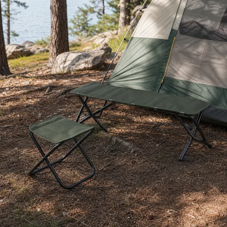 A folding camp stool and a low bench outdoors near a tent
