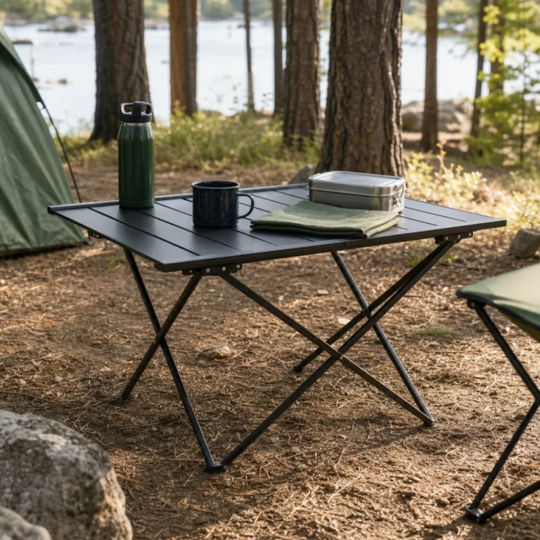 Camping table set up outdoors with simple camping gear