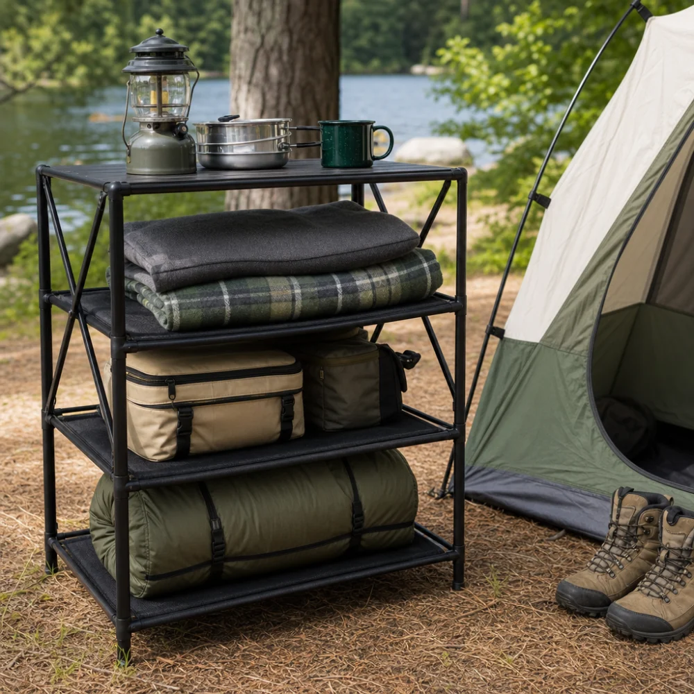 Portable campsite storage shelf with camping gear organized beside a tent.