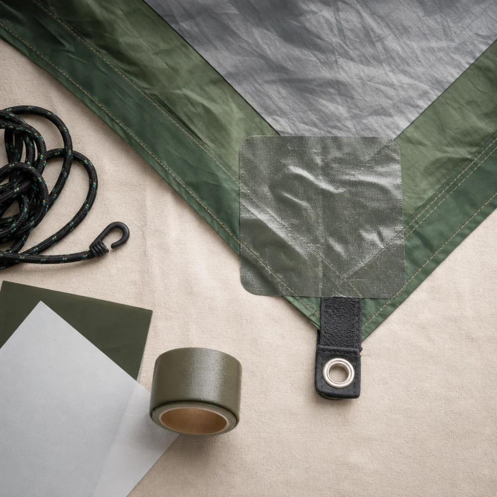 Flat-lay of generic canopy repair materials beside a patched fabric corner on a neutral background.