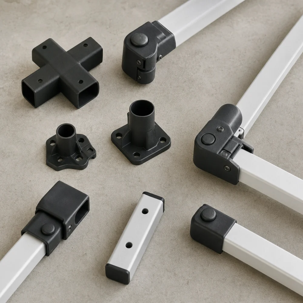 Generic canopy frame replacement parts arranged on a neutral background