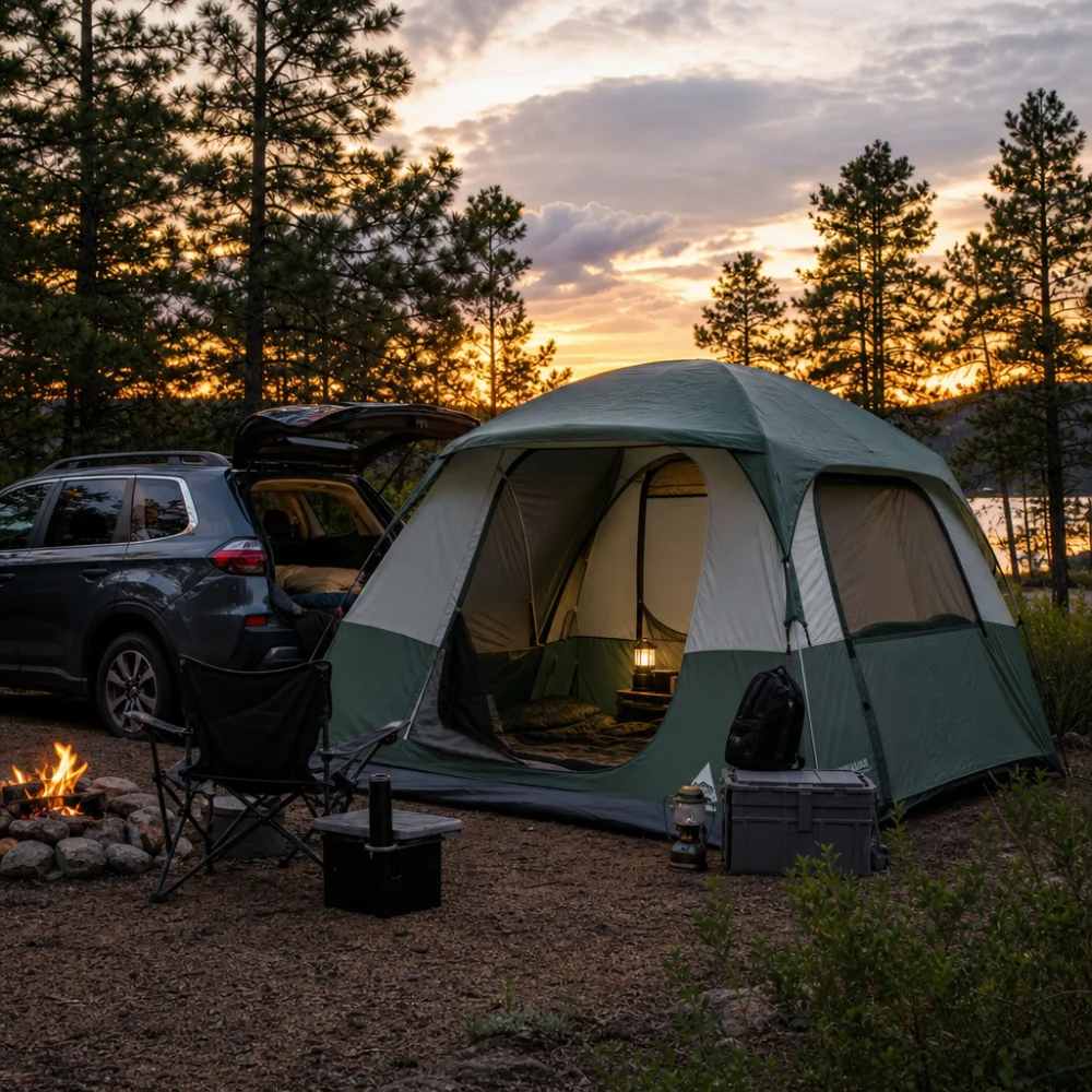A spacious car camping tent set up beside a parked vehicle at a campsite