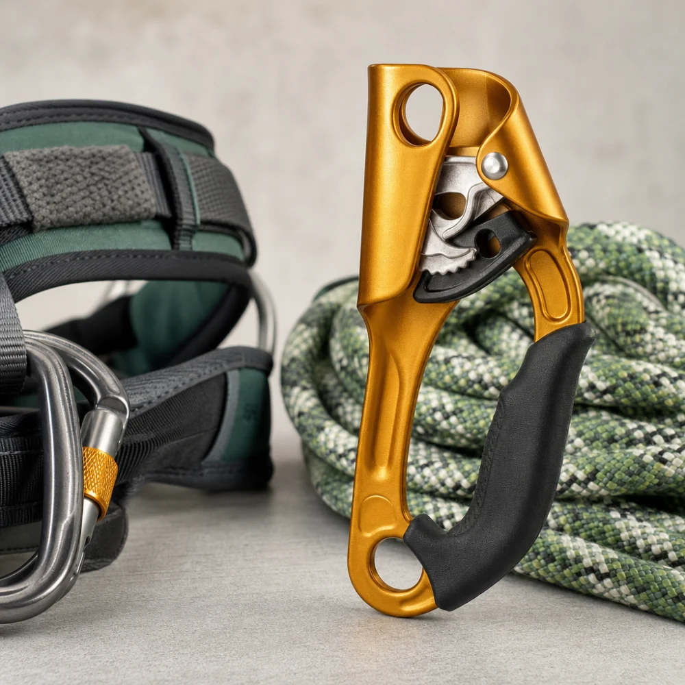 A generic caving ascender displayed with rope and harness gear on a neutral background.
