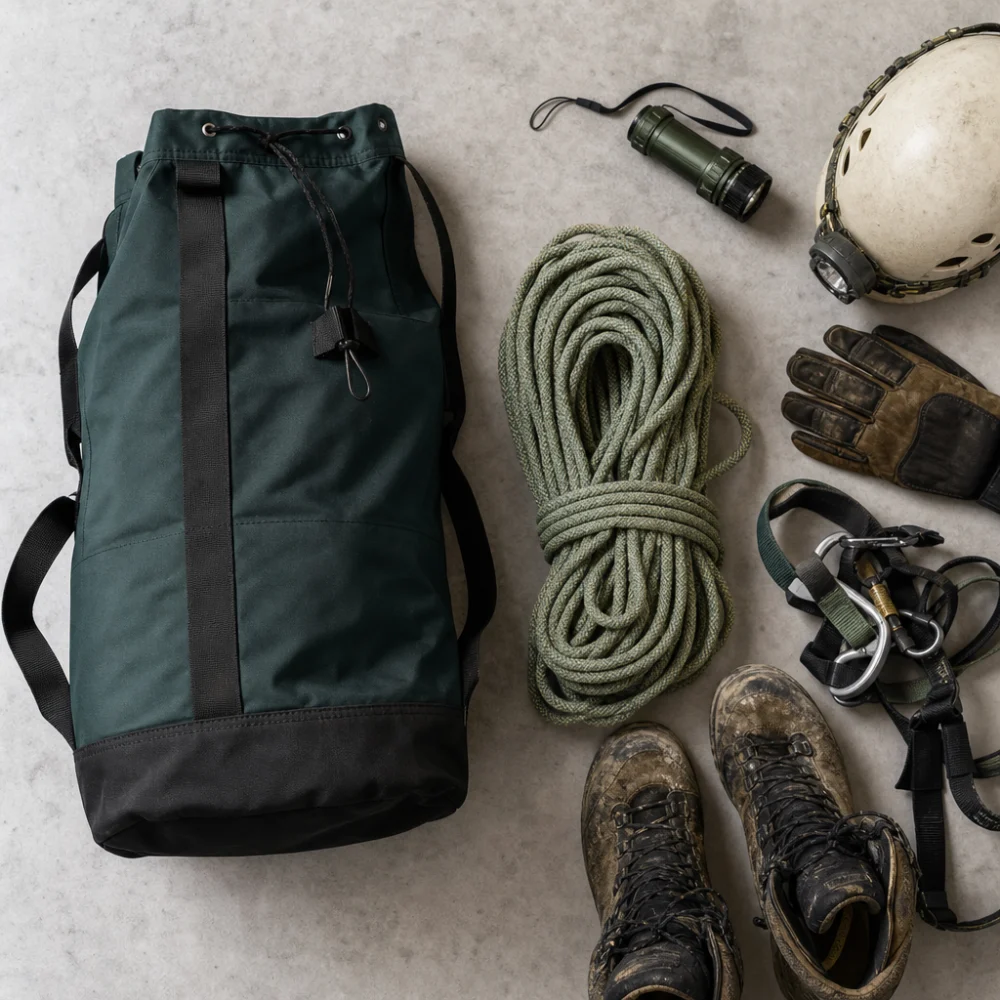 A caving rope bag shown with coiled rope and practical underground gear on a neutral background.