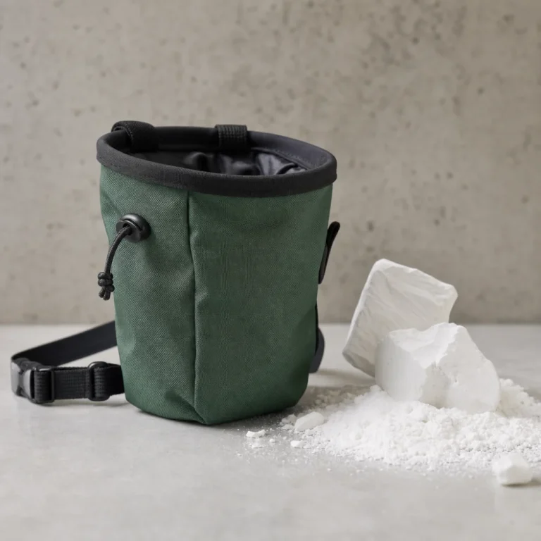 A generic chalk bag beside climbing chalk on a neutral background.