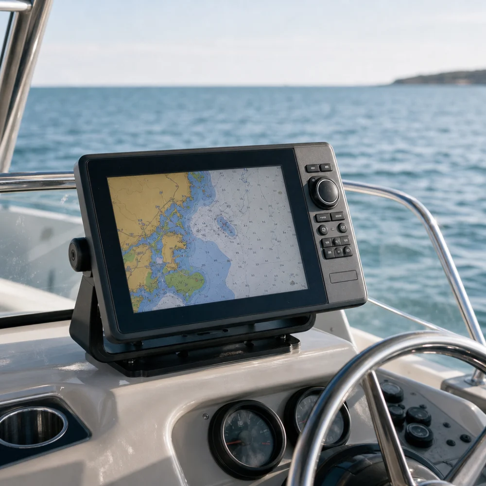 A chartplotter mounted at a boat helm on a calm day