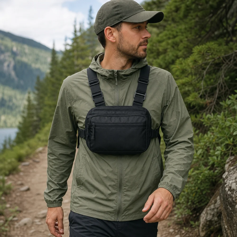 Generic chest pack worn at the front of the body during an outdoor outing