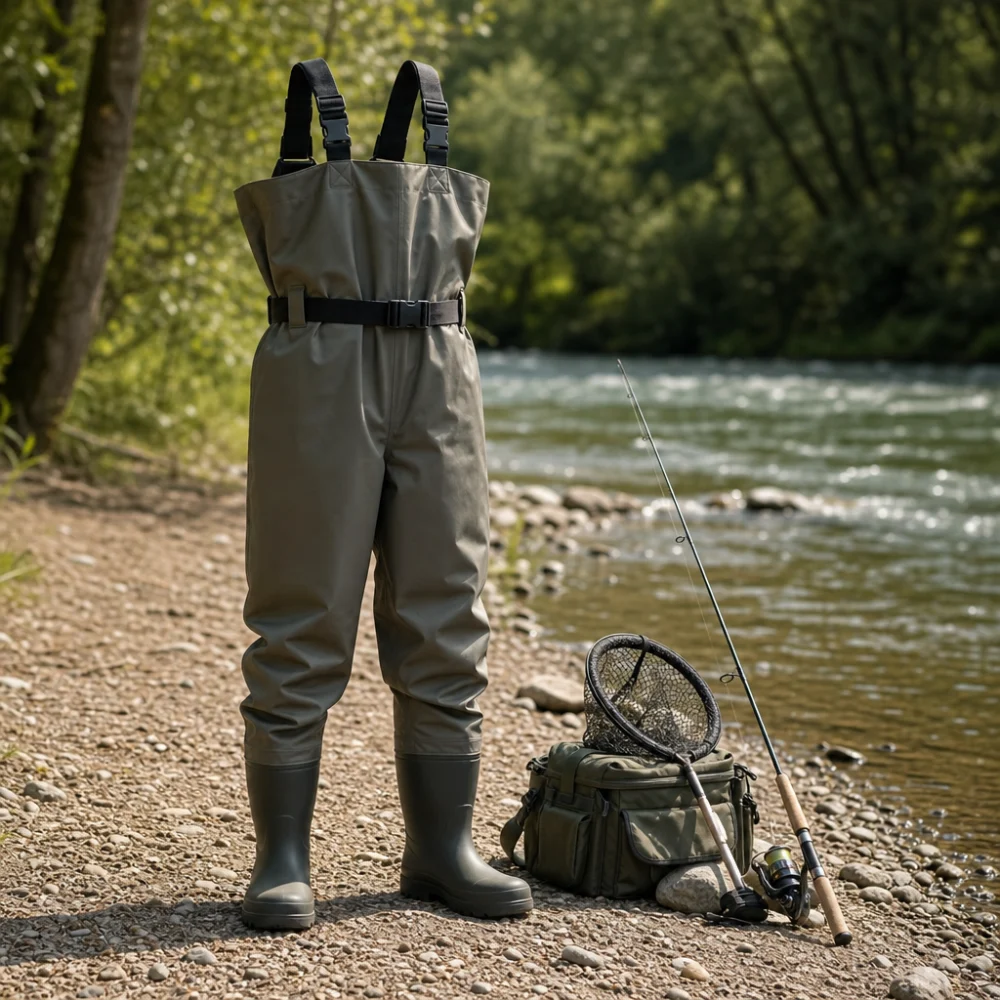 Chest waders standing near a riverbank with fishing gear beside them.