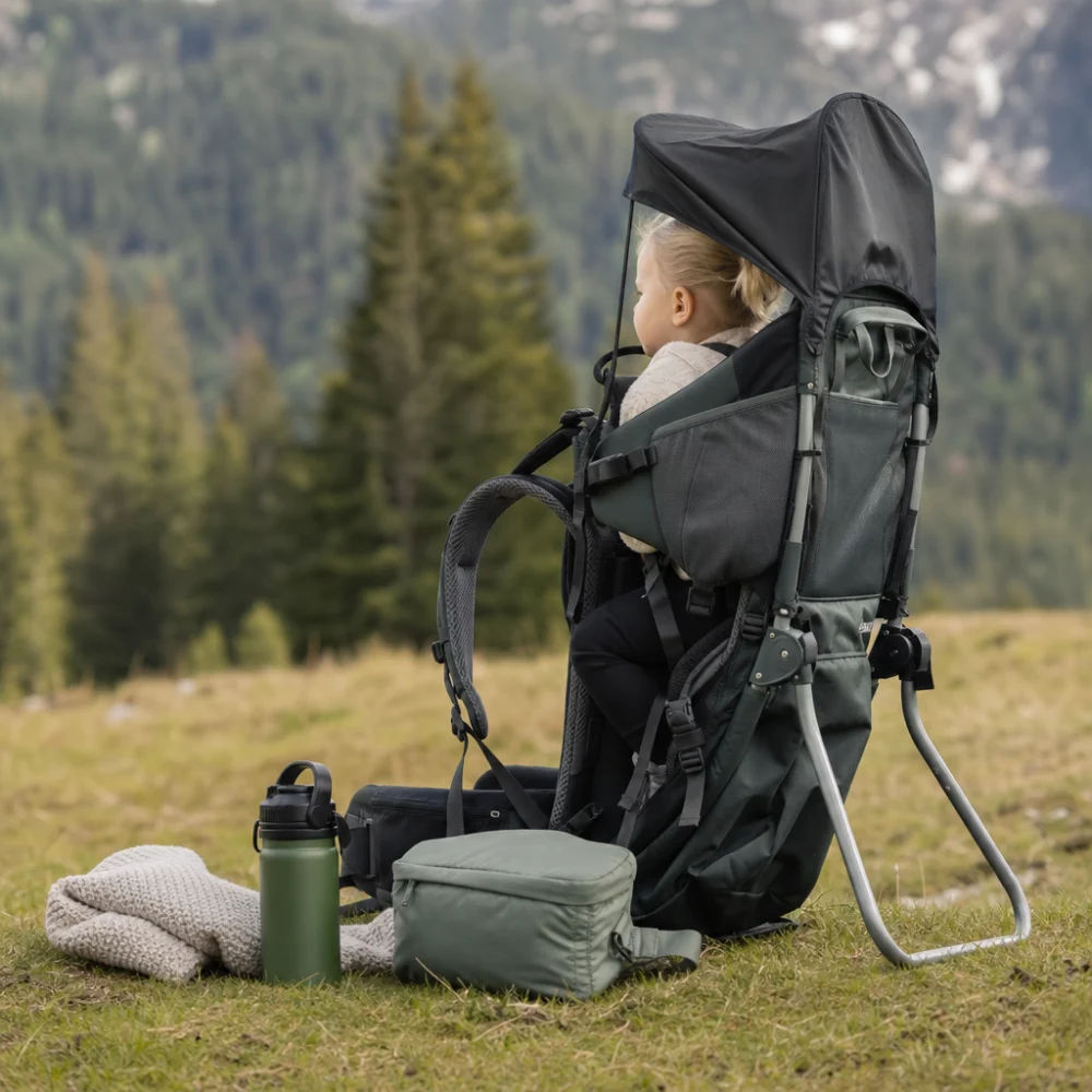Child carrier with generic accessories arranged beside it for a buying guide image.