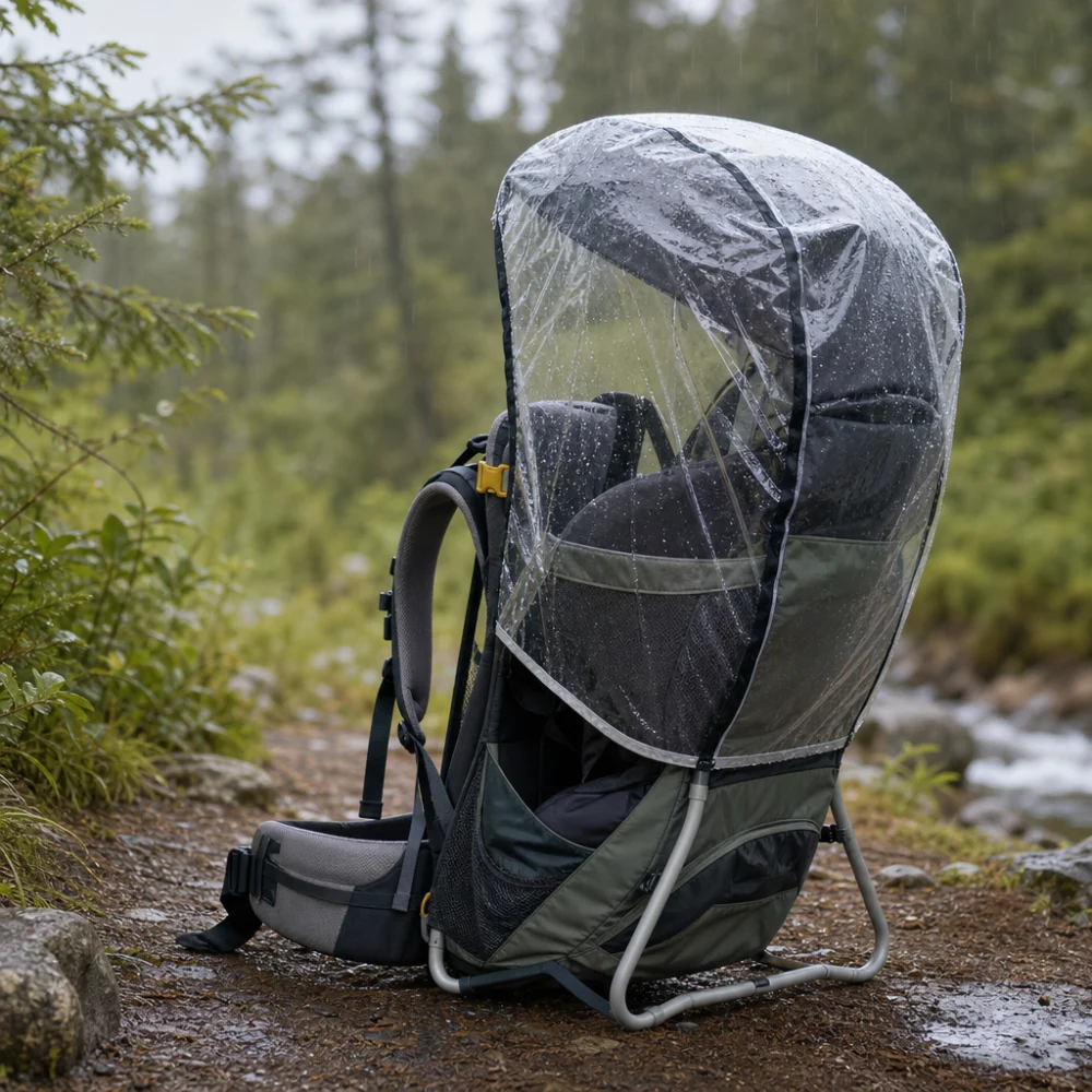A child carrier covered by a plain rain cover during a light rainy outdoor outing.