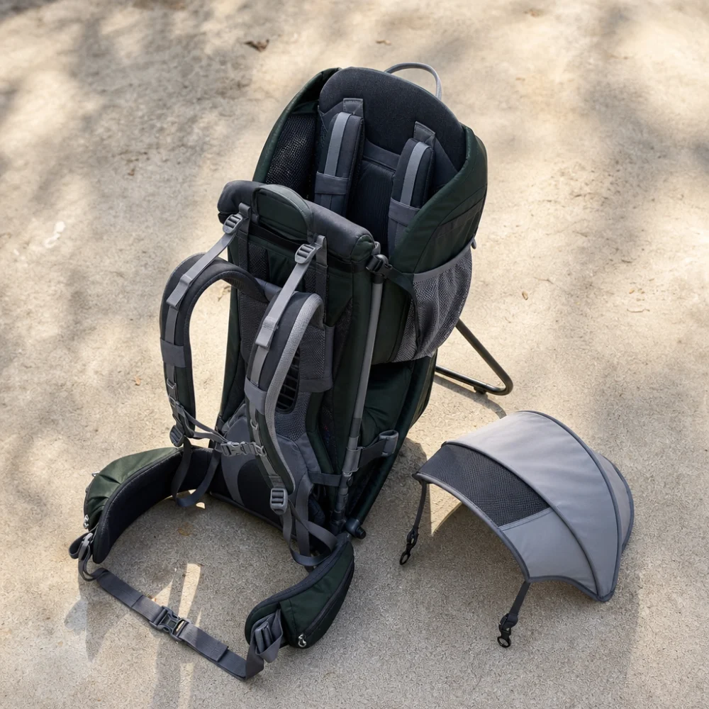 A child carrier with a removable sunshade shown beside it on a neutral background.