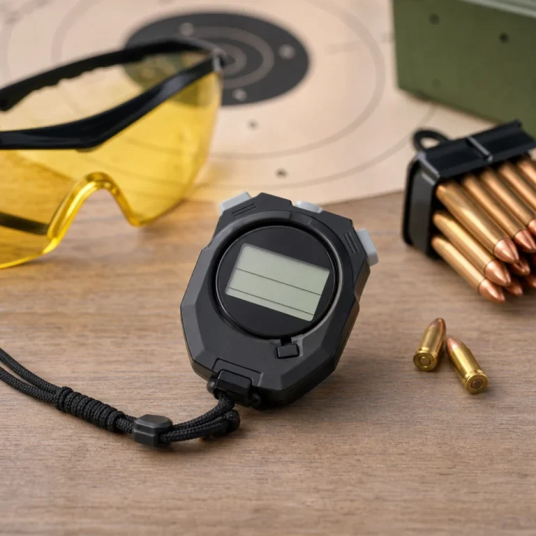 A generic sports chronograph with target-sports accessories on a clean surface.