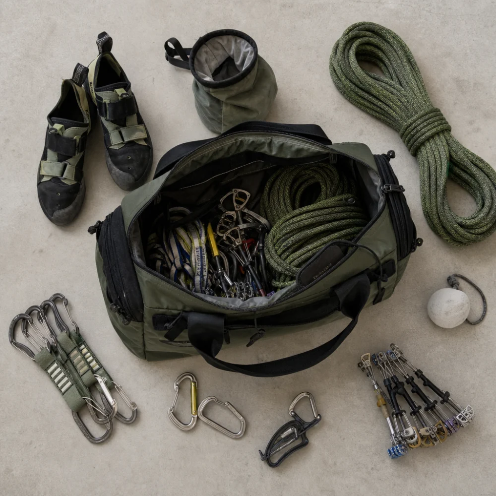 Climbing gear bag with assorted climbing accessories arranged around it