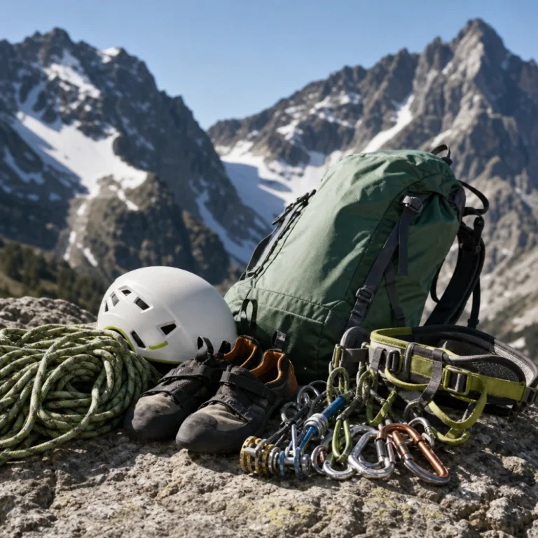 Climbing and mountaineering gear laid out on a rock surface