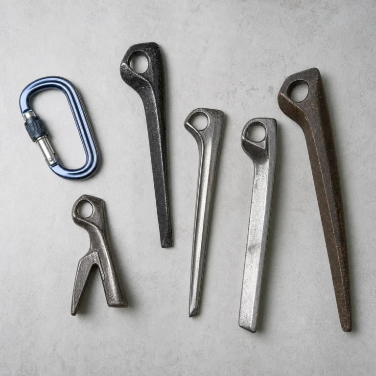 Generic climbing pitons and a carabiner arranged on a neutral background