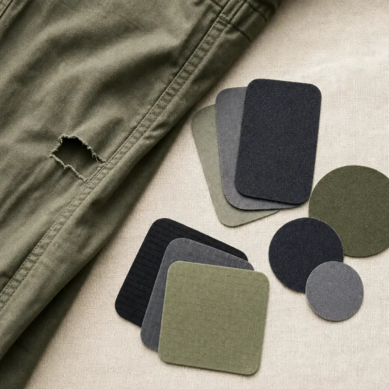 Assorted clothing repair patches arranged on fabric next to a small repaired tear
